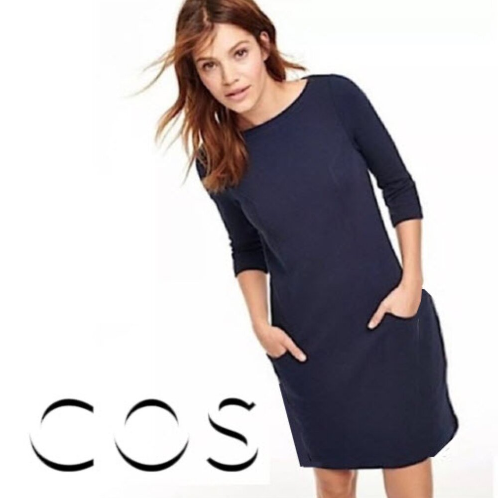 COS Navy Knit Sweater Dress Pockets Size Medium Chic Preppy Business Casual